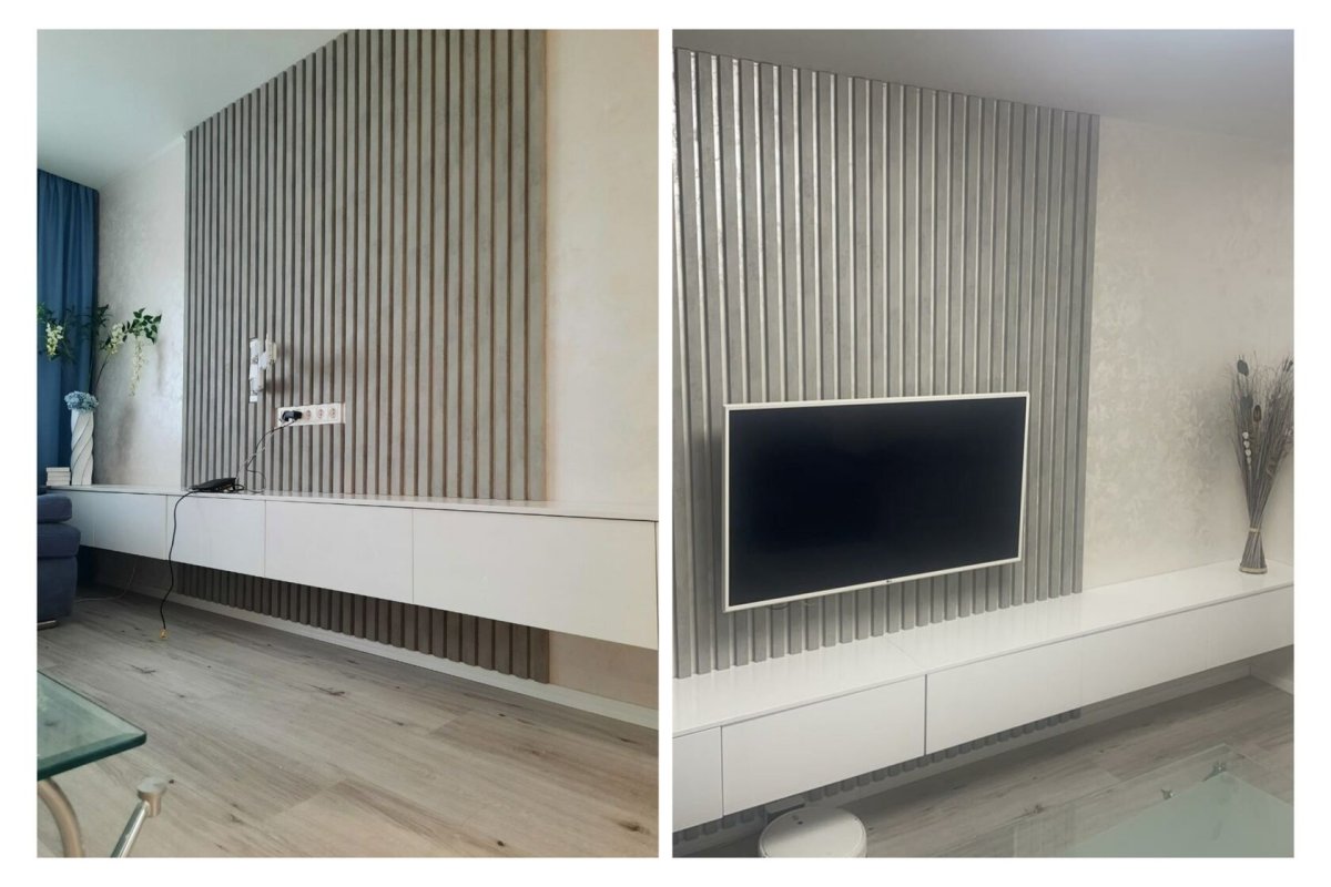 Декоративные рейки в зоне телевизора