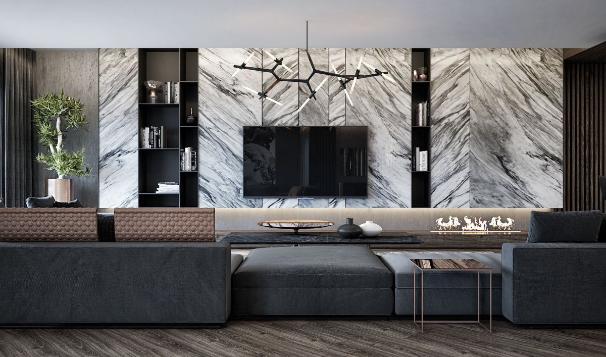 ТВ зона с мраморной стеной