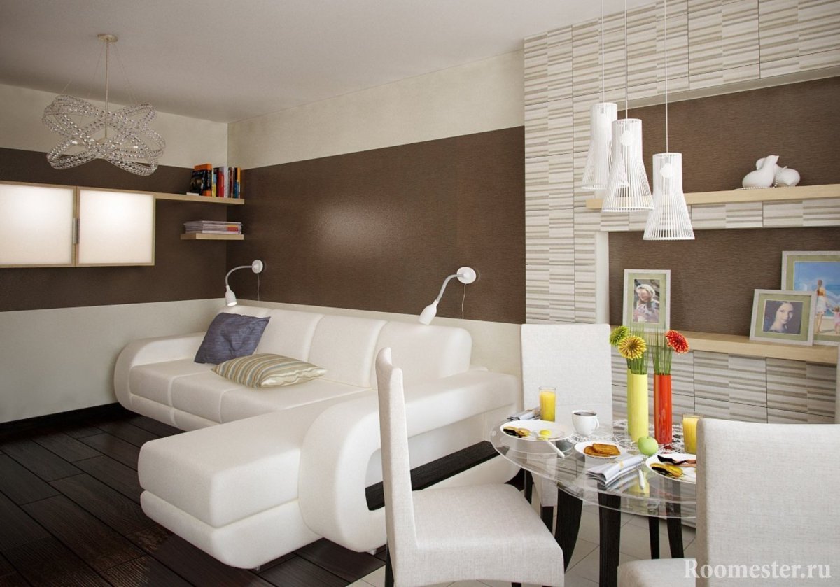 Интерьер кухня с кофейным диваном