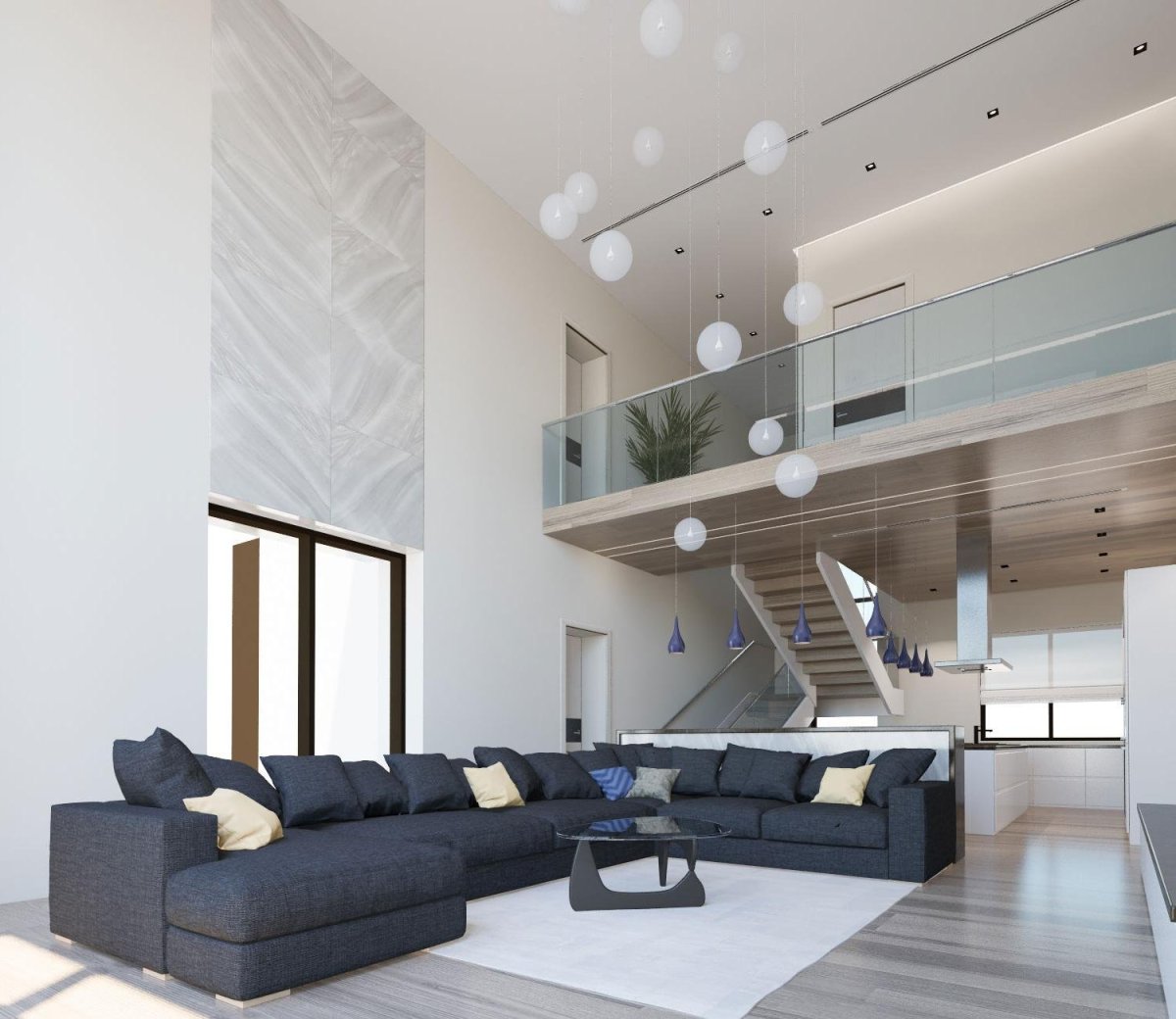 Гостиная с высокими потолками