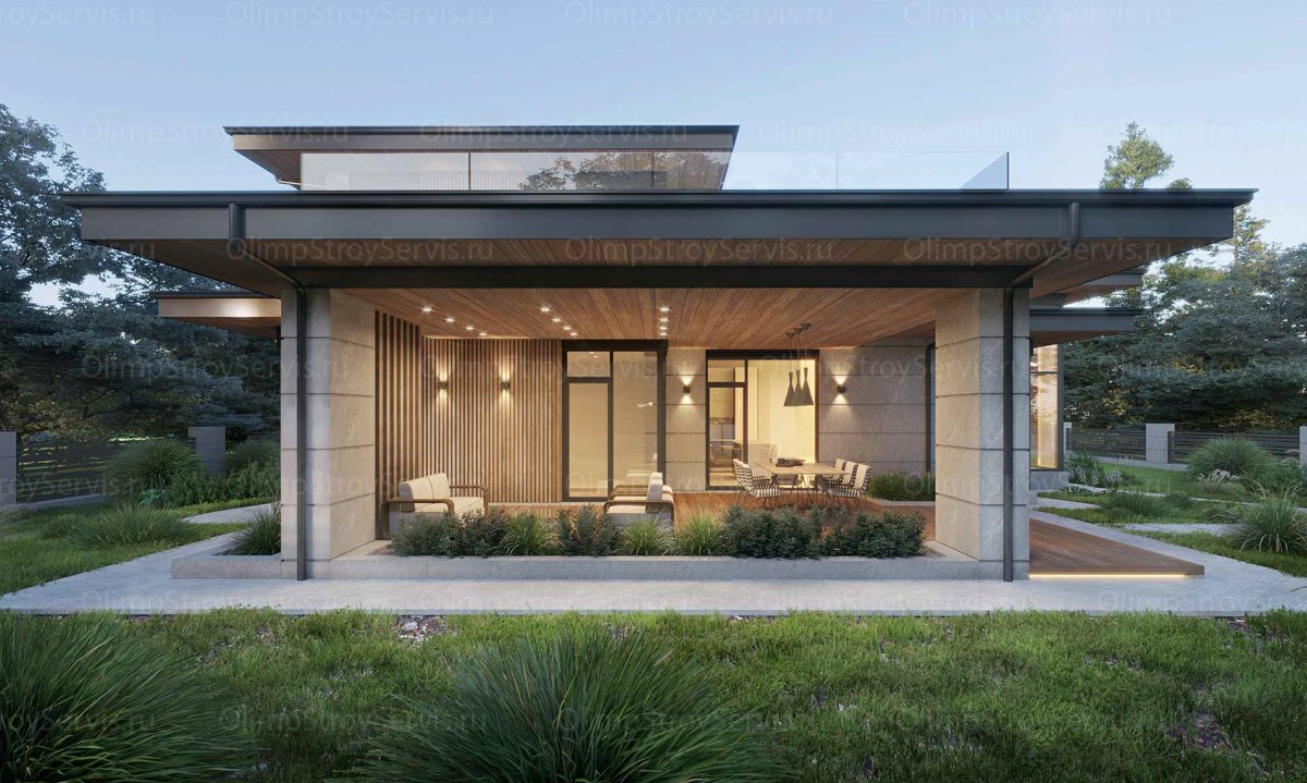 Одноэтажный дом в стиле Райта 200-250 кв