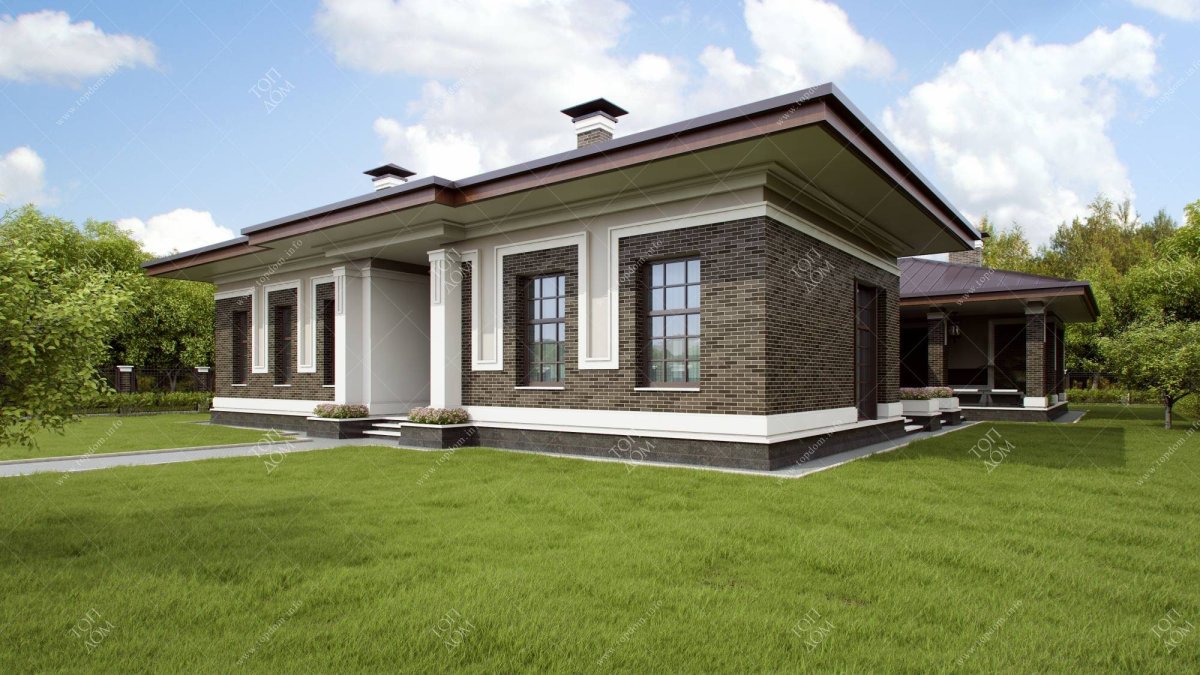 Одноэтажный дом из темного кирпича в современном стиле