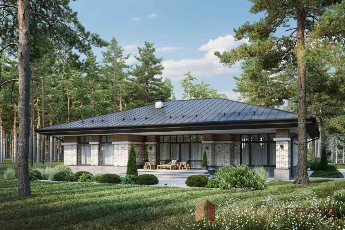 Одноэтажный дом в стиле Райта 150 кв