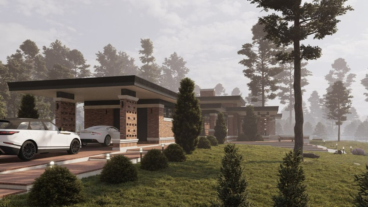 Одноэтажный дом в стиле Райта 200-250 кв