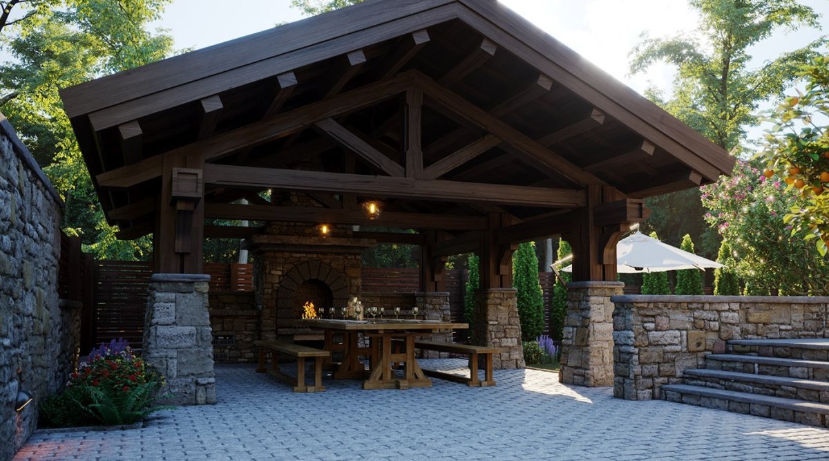 Беседка с мангальной зоной в стиле Шале