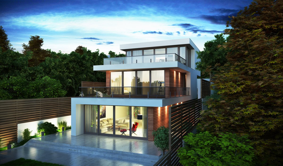 Двухэтажный домик с террасой на склоне