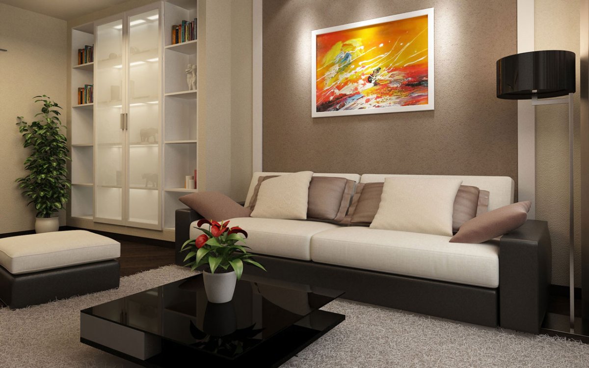 Интерьер комнаты со стенкой и диваном