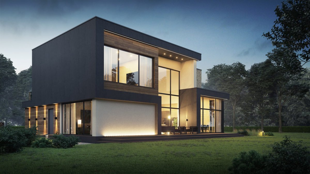 Квадратный дом с панорамными окнами