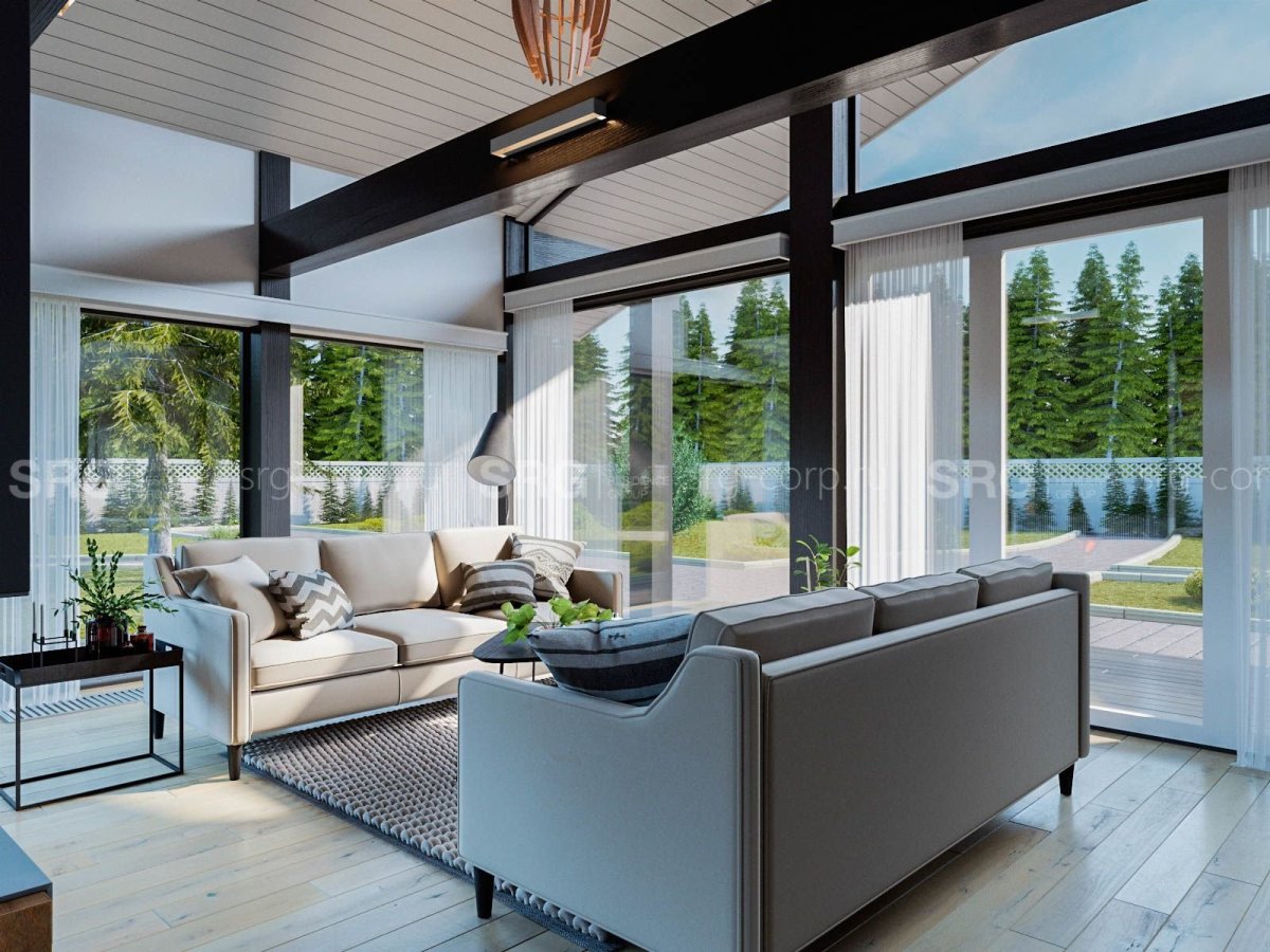 Дом с панорамными окнами и террасой