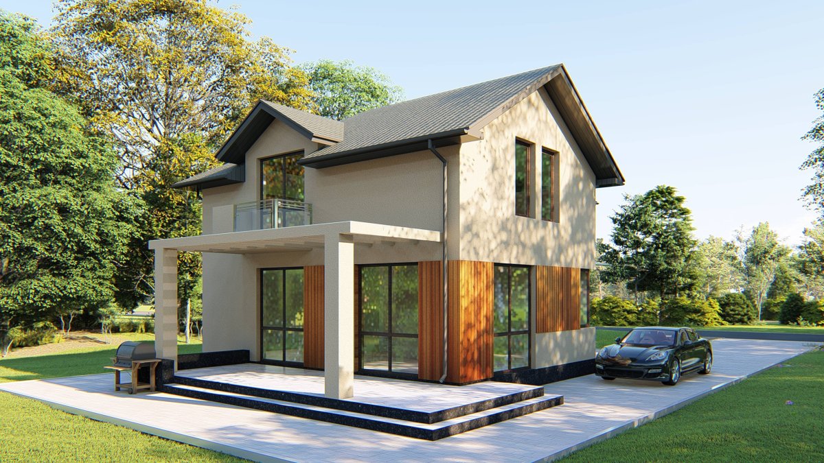Небольшой двухэтажный дом с панорамными окнами