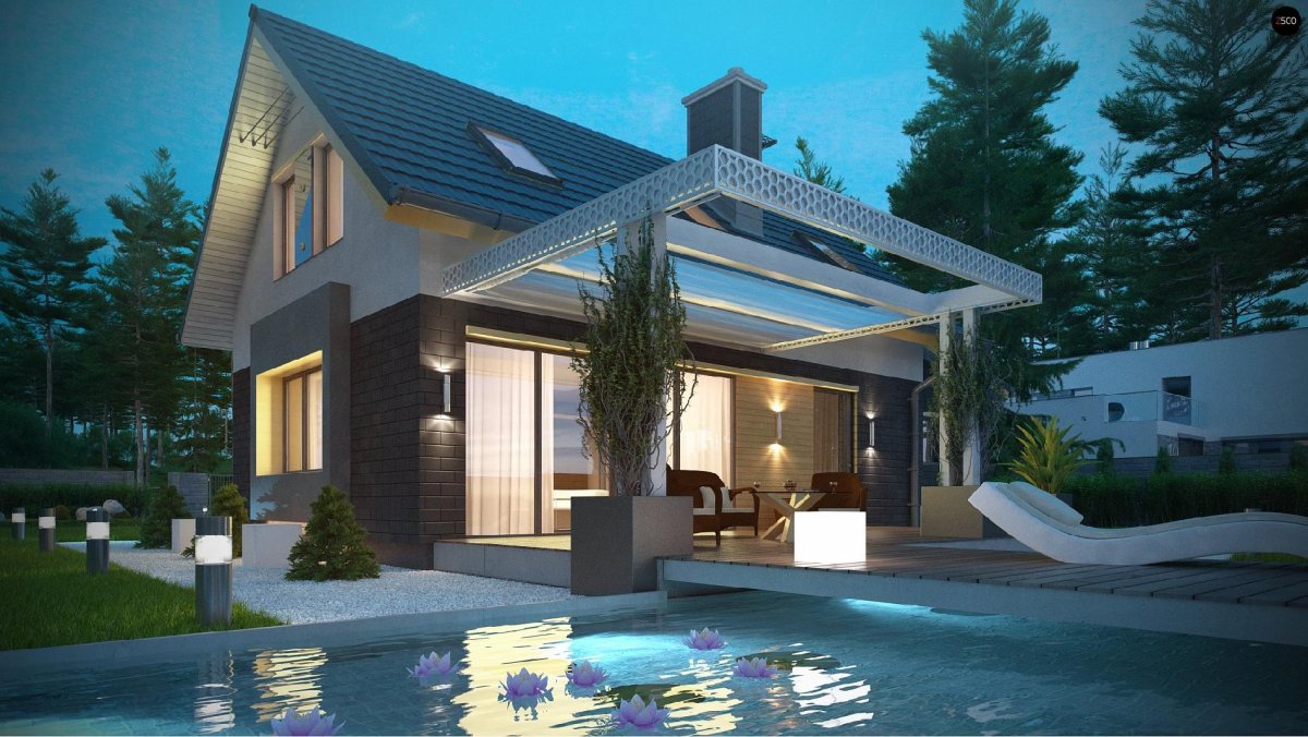 Двухэтажный дом с верандой и бассейном