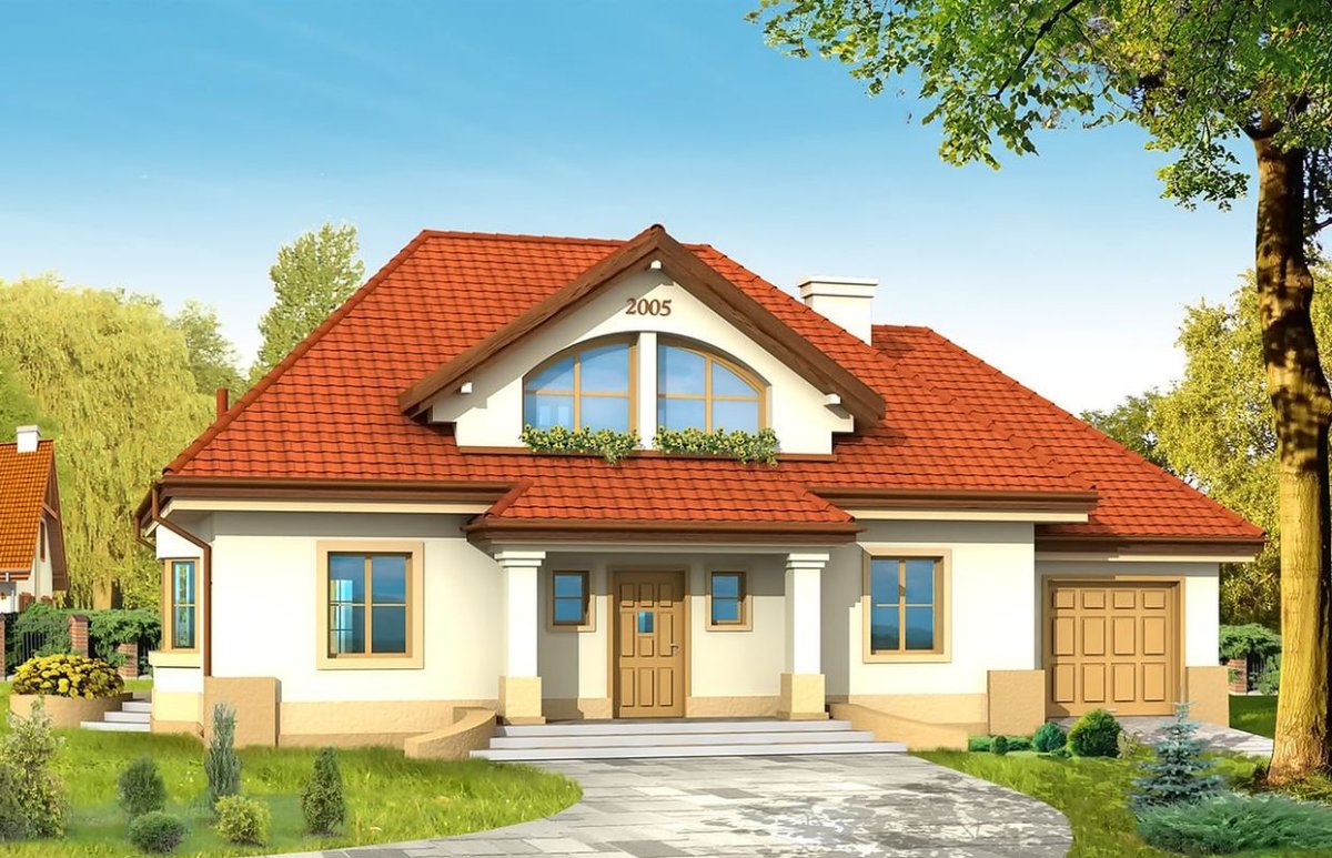 Двухэтажный дом с оранжевой крышей