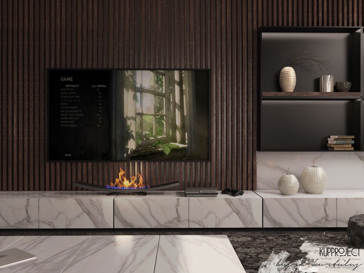 Деревянные стеновые панели с биокамином