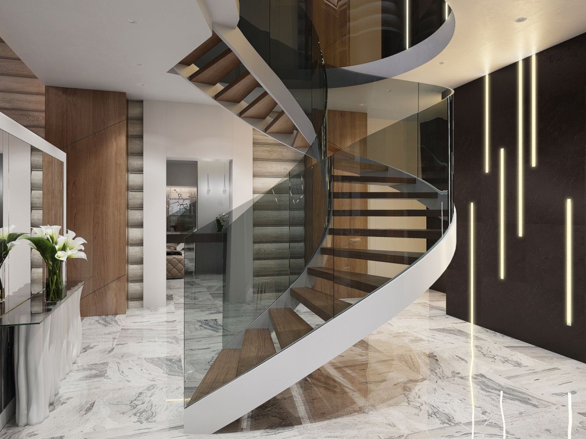 Винтовая лестница со стеклянным ограждением