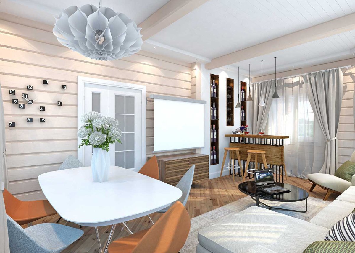 Загородный дом интерьер гостиной с кухней в скандинавском стиле