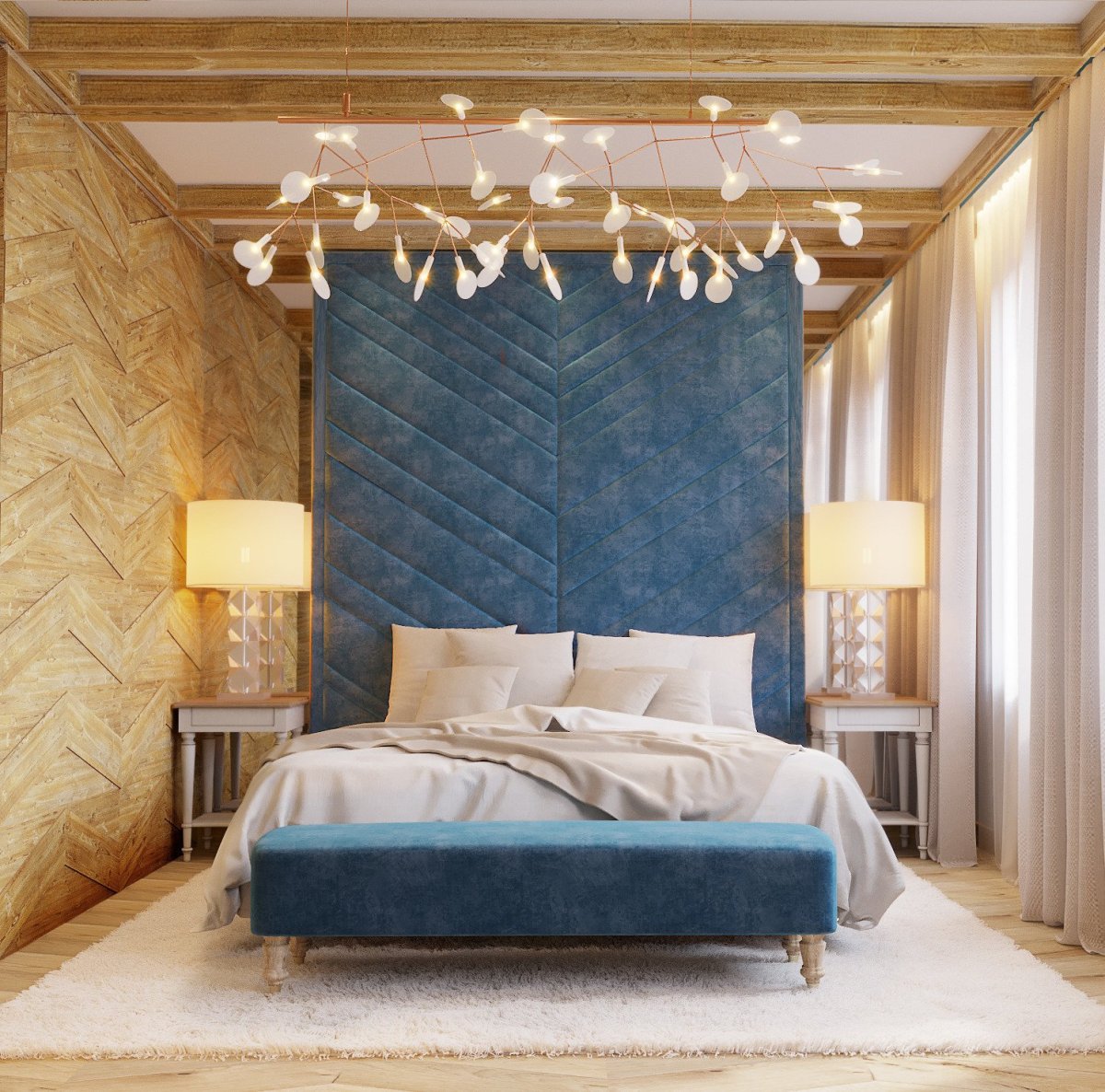 Спальня с гардеробной за изголовьем кровати