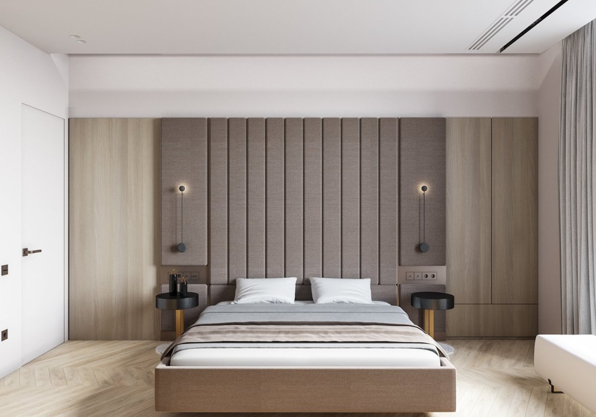 Спальня с гардеробной за кроватью