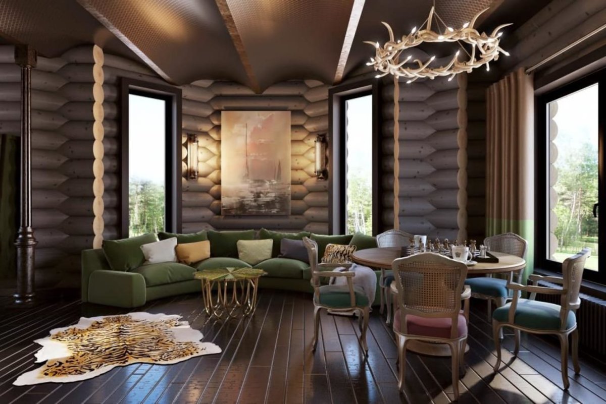 Интерьер в доме из бревна в современном стиле