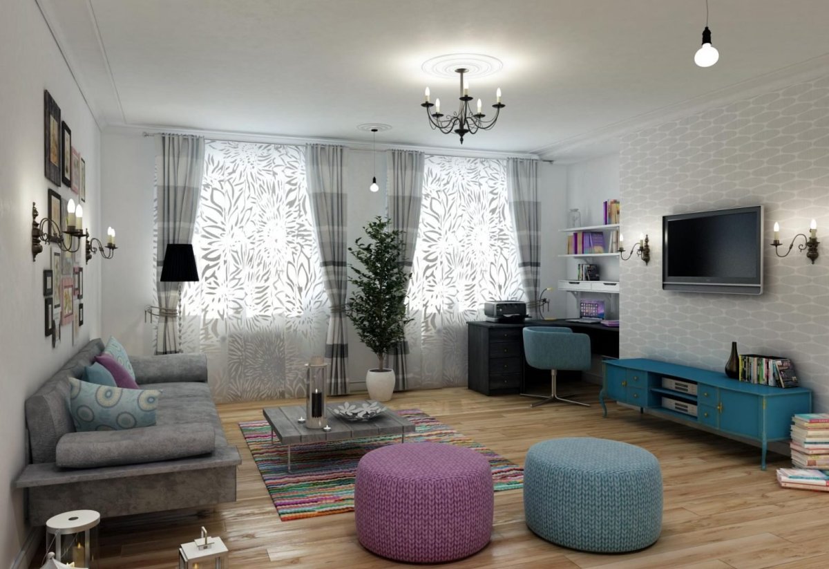 Гостиная с 2 окнами интерьер