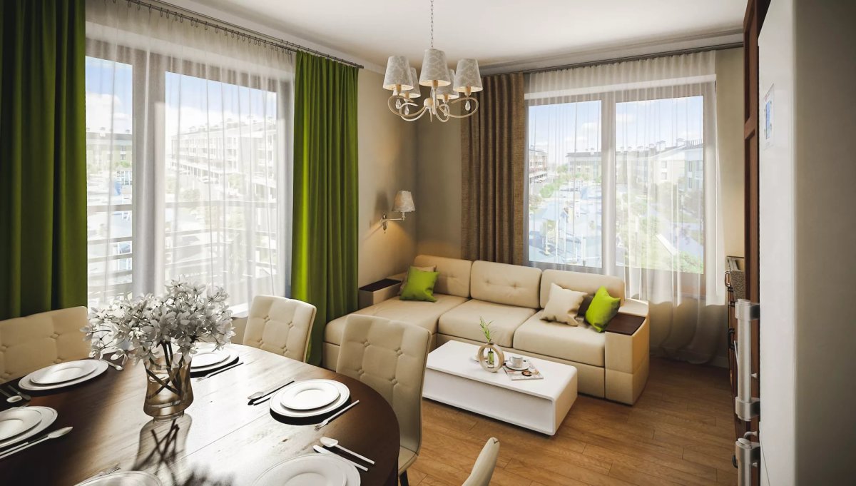 Кухня гостиная с двумя окнами