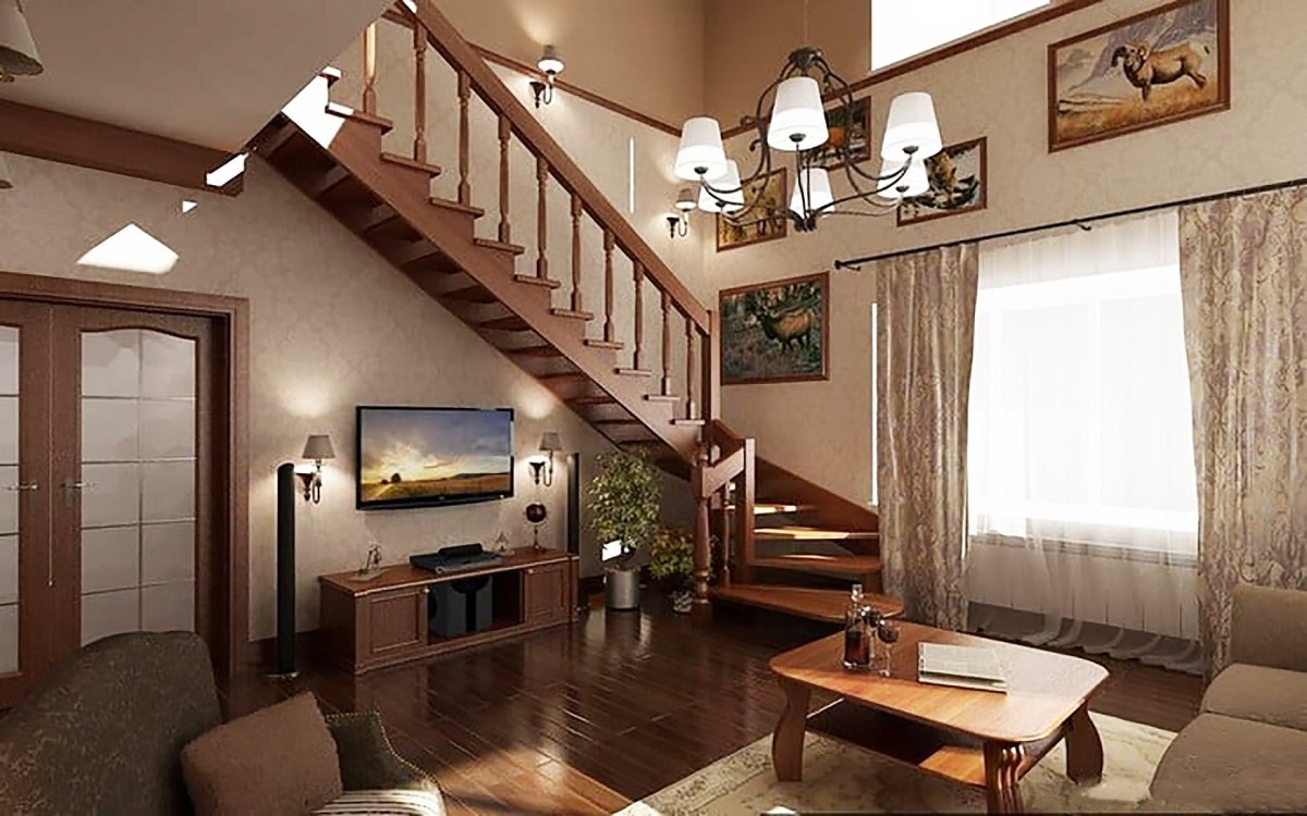 Лестница в интерьере гостиной