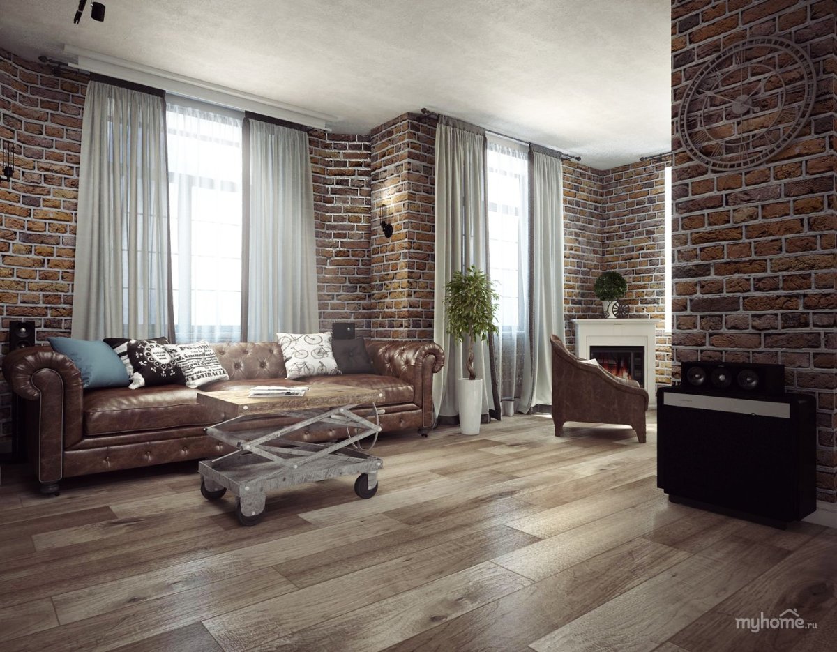 Гостиная лофт шторы