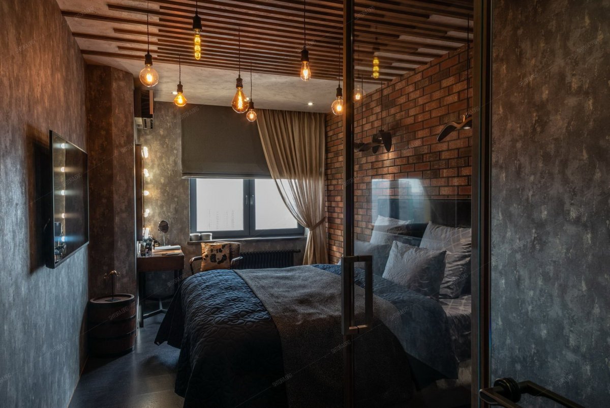 Шторы в стиле лофт в спальне