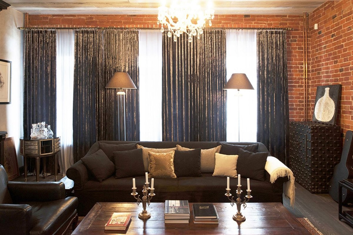 Шторы лофт в интерьере гостиной