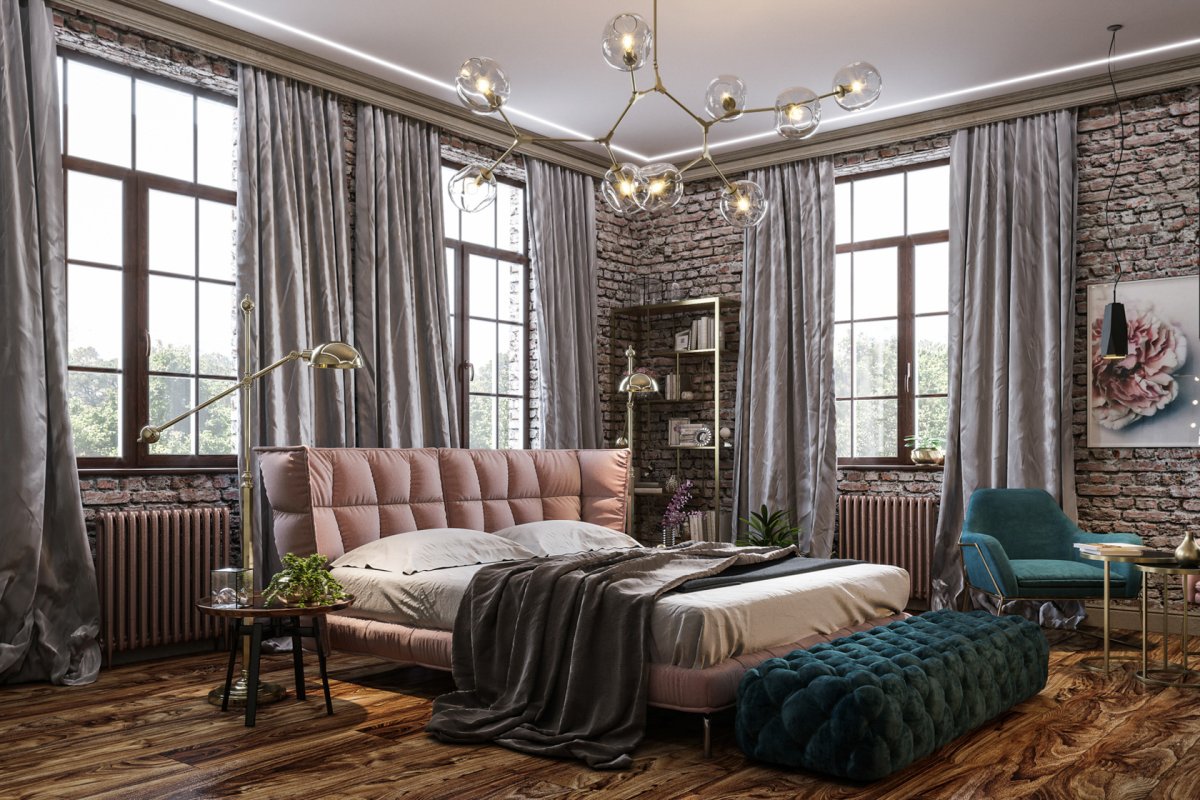 Гардины в интерьере лофт