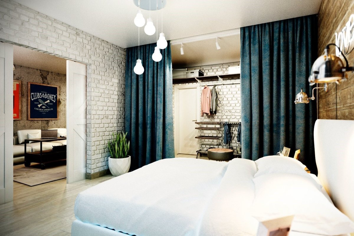 Шторы в стиле лофт в интерьере спальни