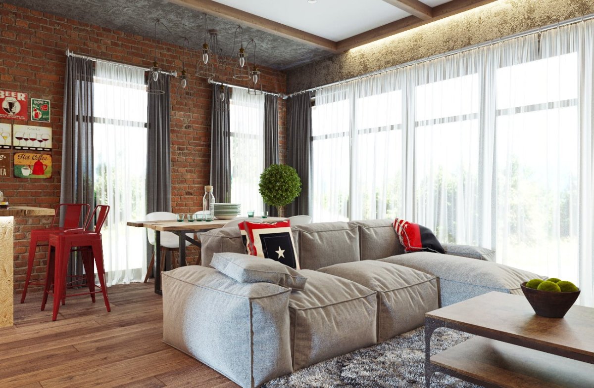 Шторы лофт в интерьере гостиной