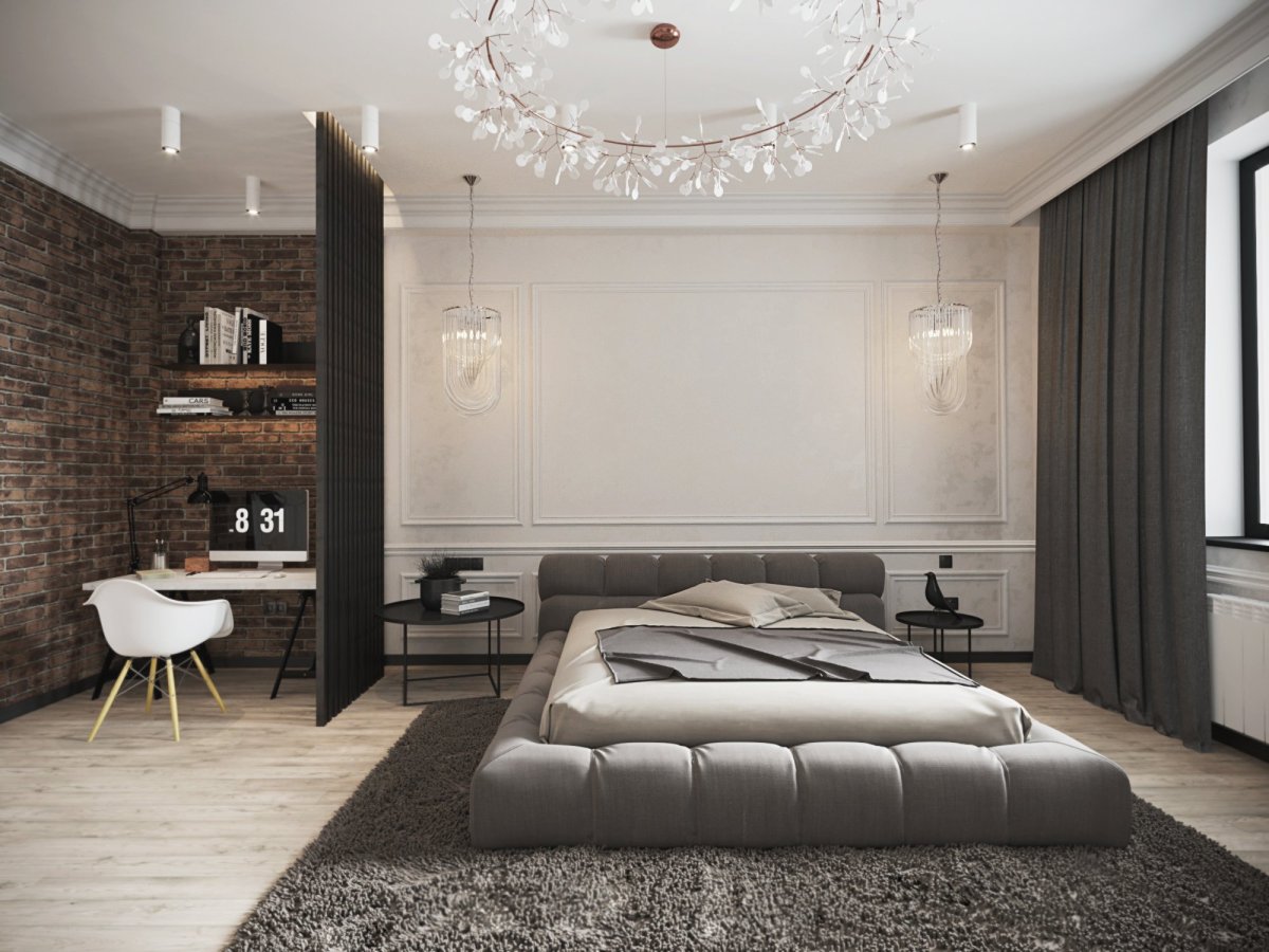 Спальня в стиле лофт и классика