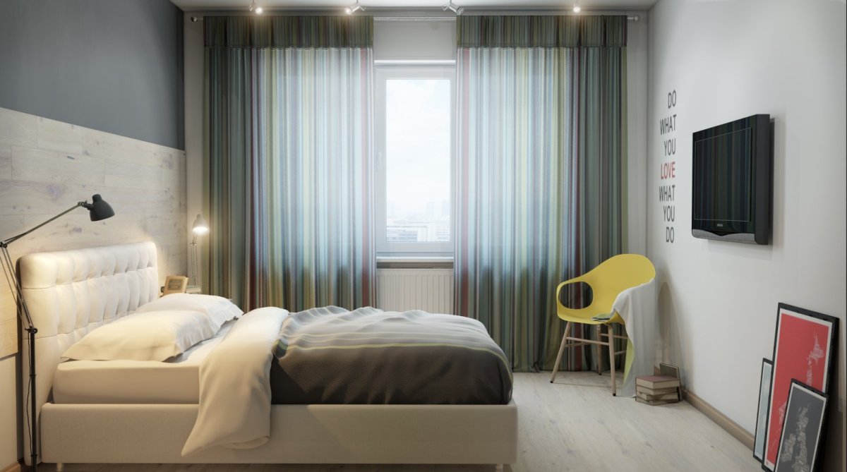 Шторы в спальне с лоджией