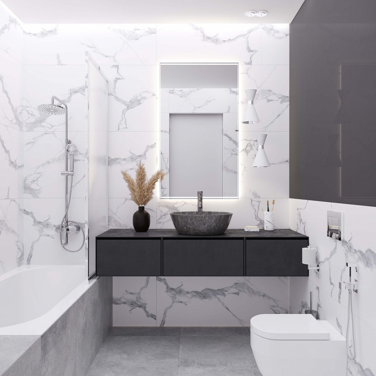 Керамогранит под мрамор в интерьере ванной