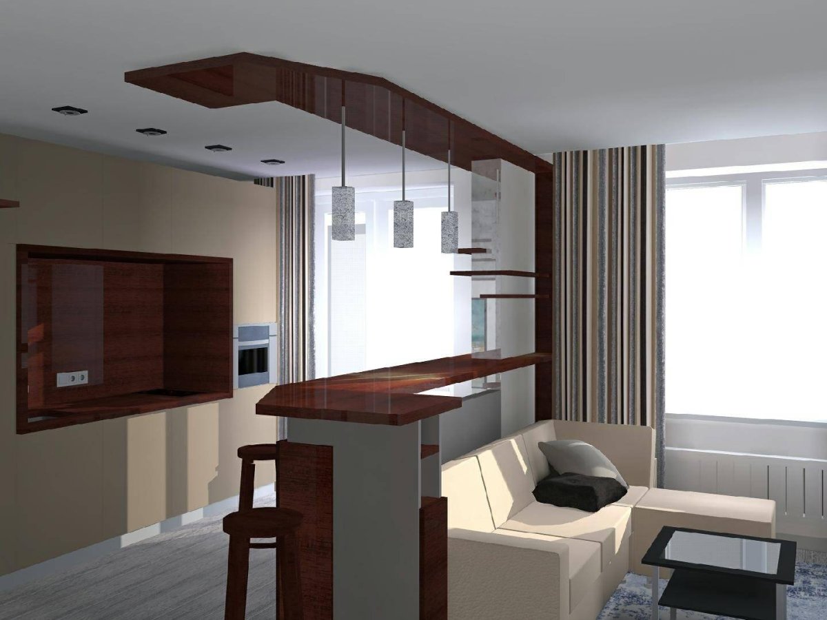 Зонирование кухни и гостиной барной стойкой