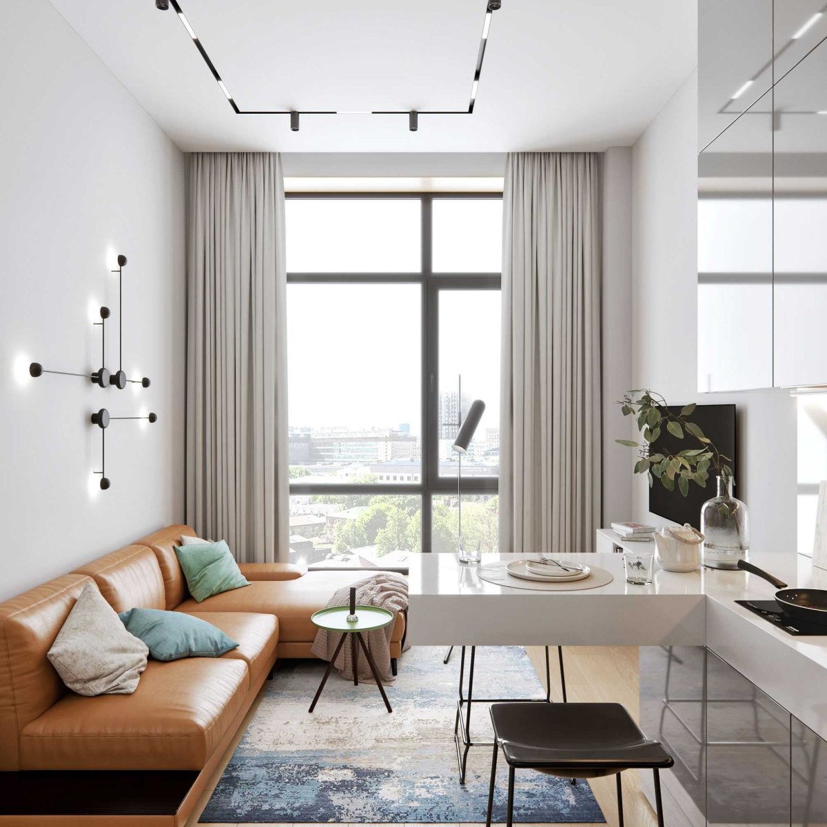 Кухня гостиная с панорамными окнами