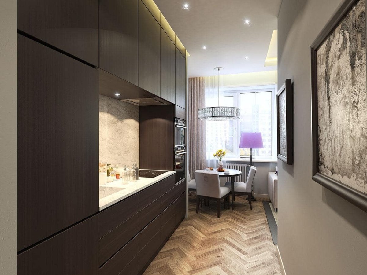 Интерьер узкой кухни гостиной