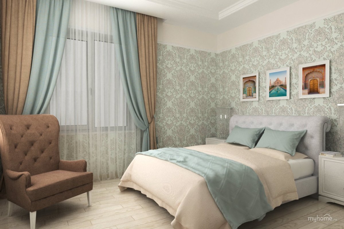 Бирюзовые шторы в спальне