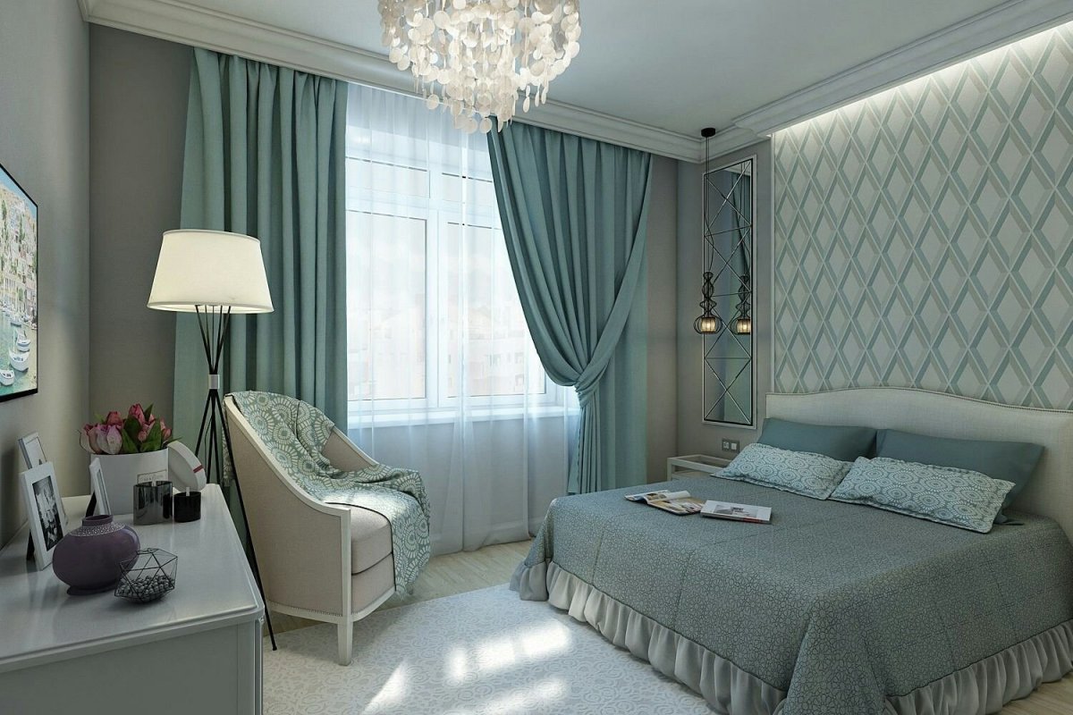 Бирюзовые шторы в интерьере спальни