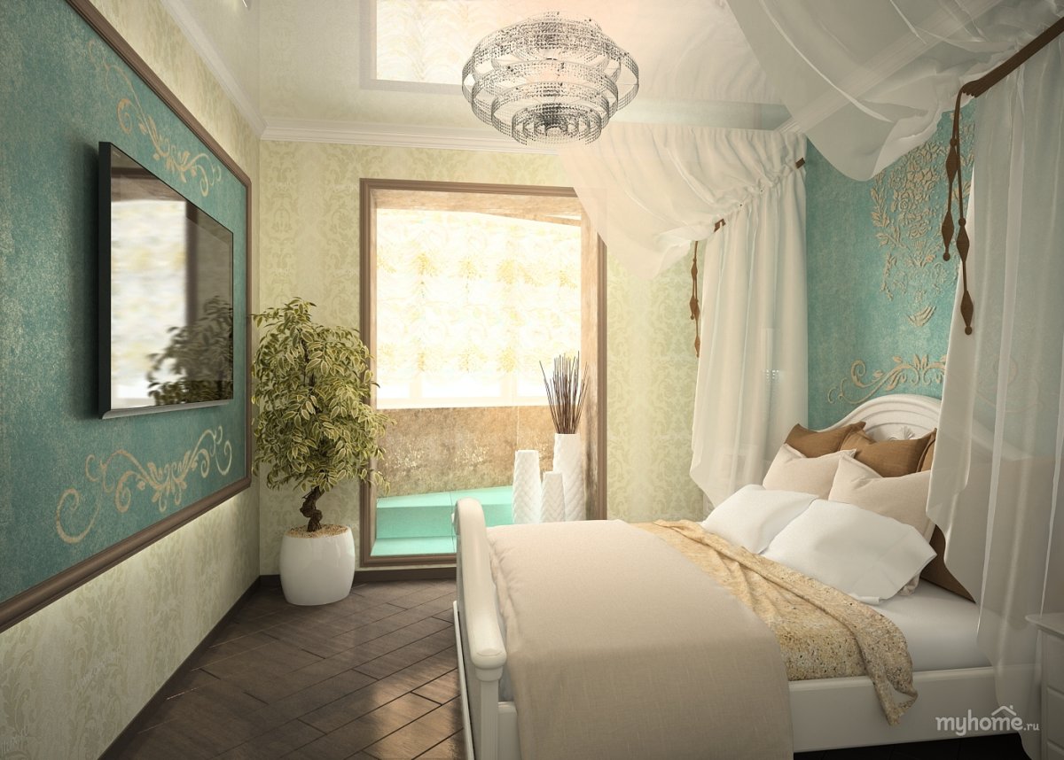 Спальня с балконом и бирюзовые занавески