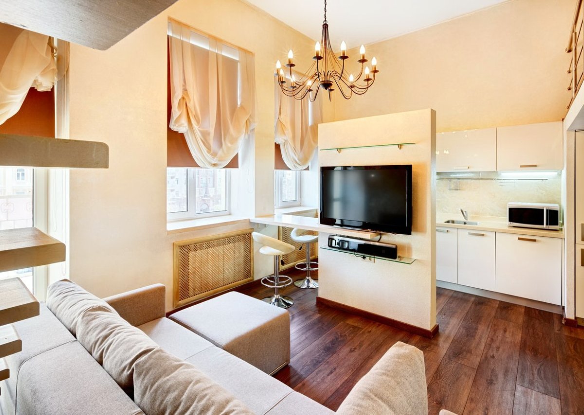 Интерьер комнаты совмещенной с кухней