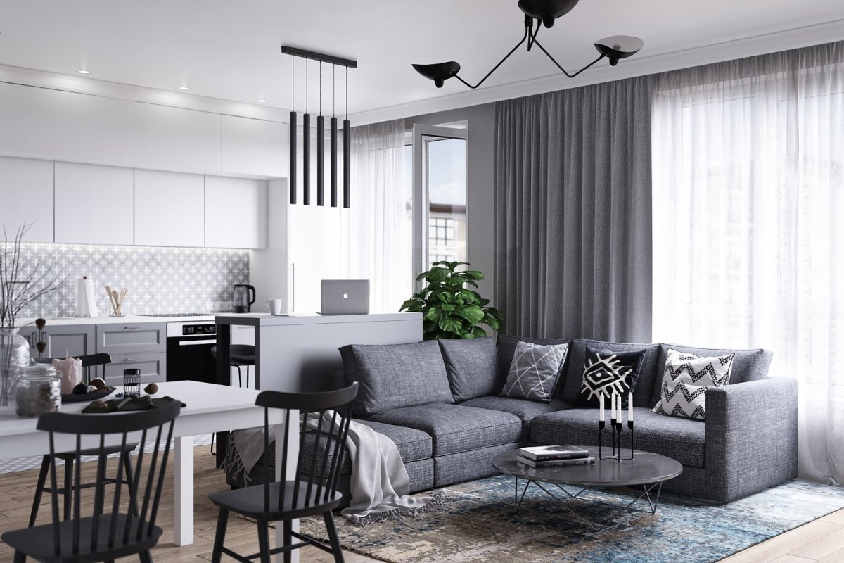 Бело серая кухня гостиная
