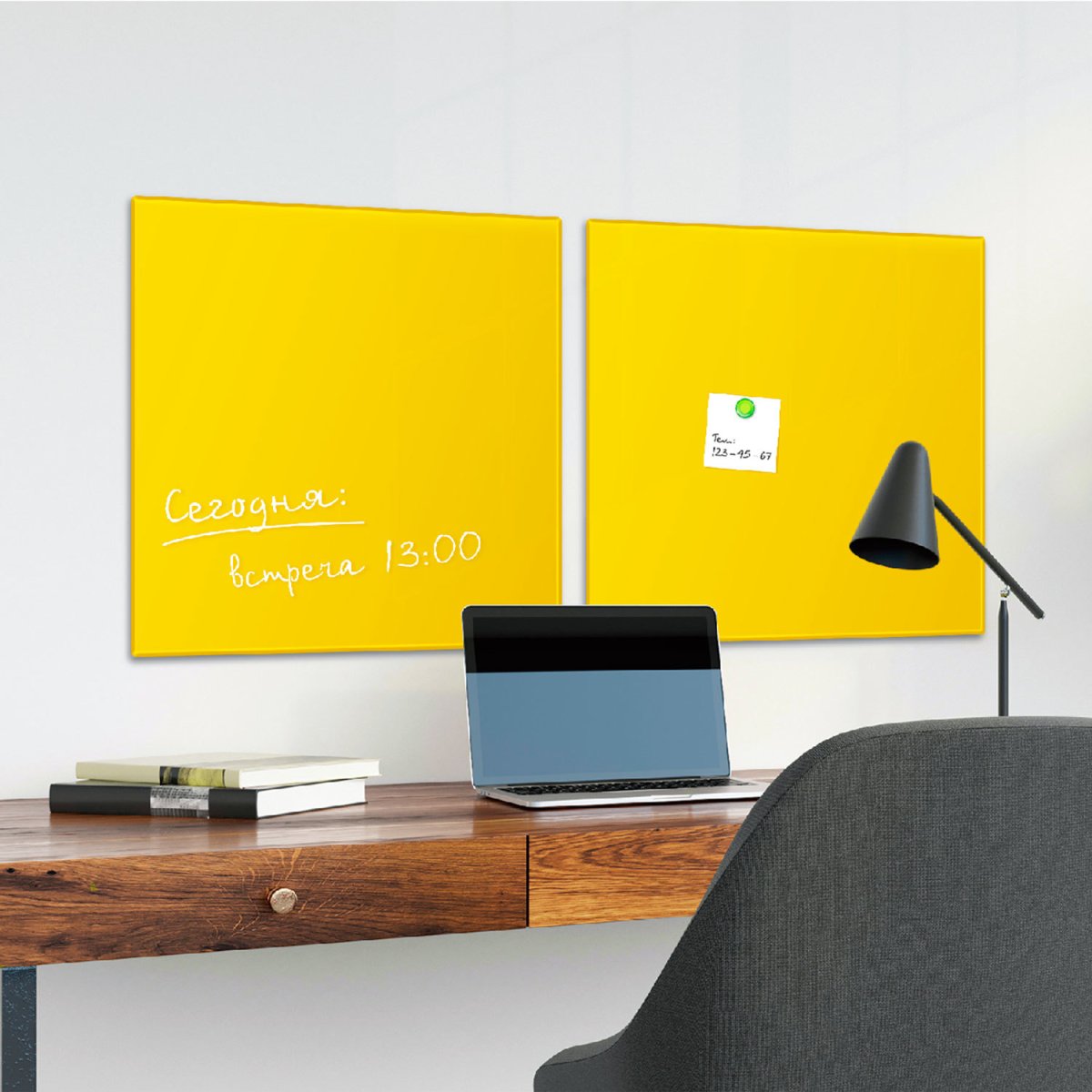 Доска магнитно-маркерная стеклянная 45х45 см, 3 магнита, желтая, BRAUBERG