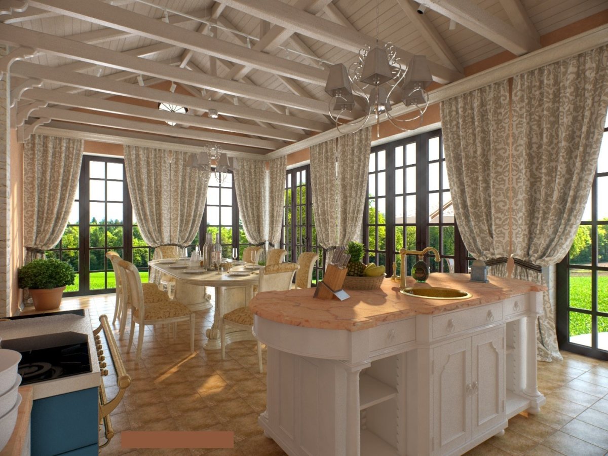 Кухня с верандой в частном доме