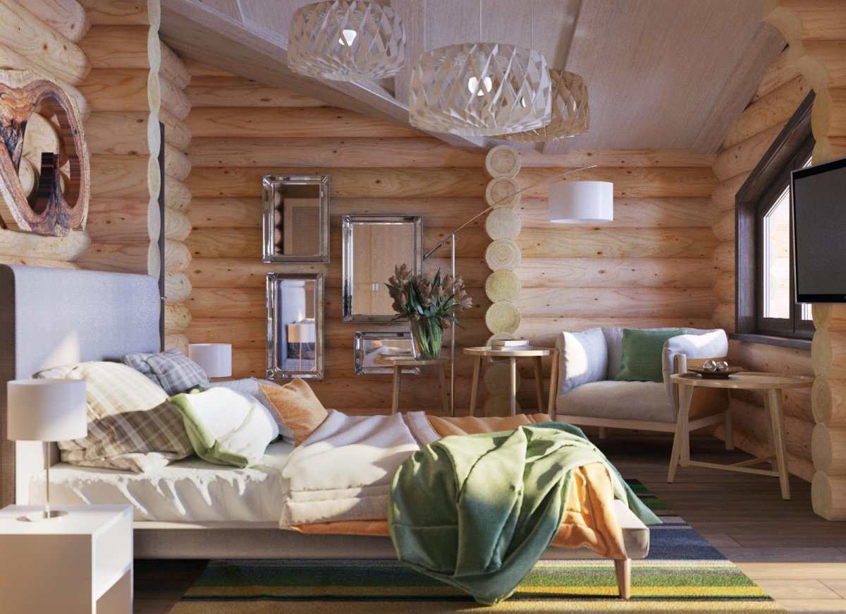 Интерьер спальни в деревянном доме