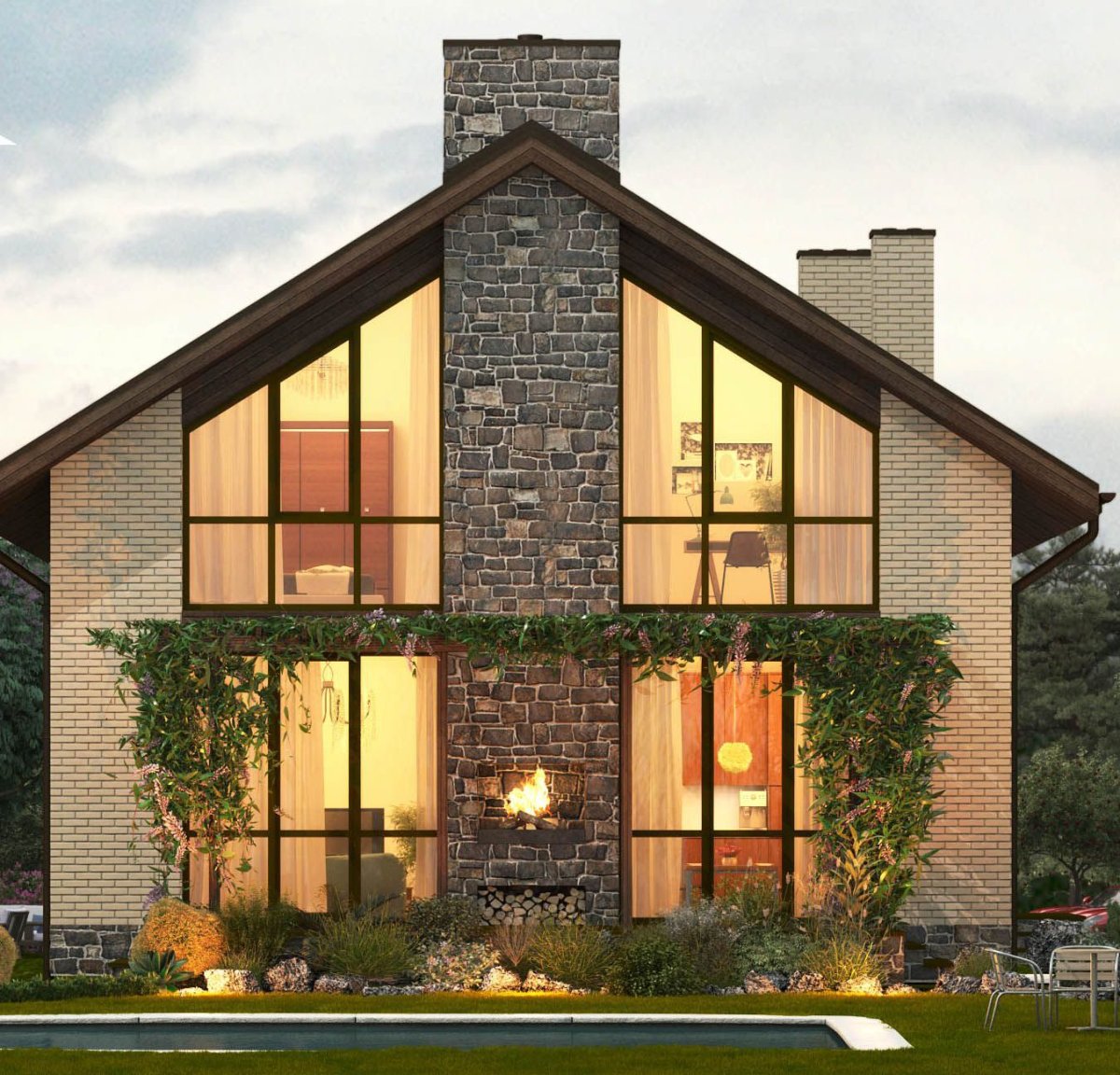 Кирпичный дом с панорамными окнами