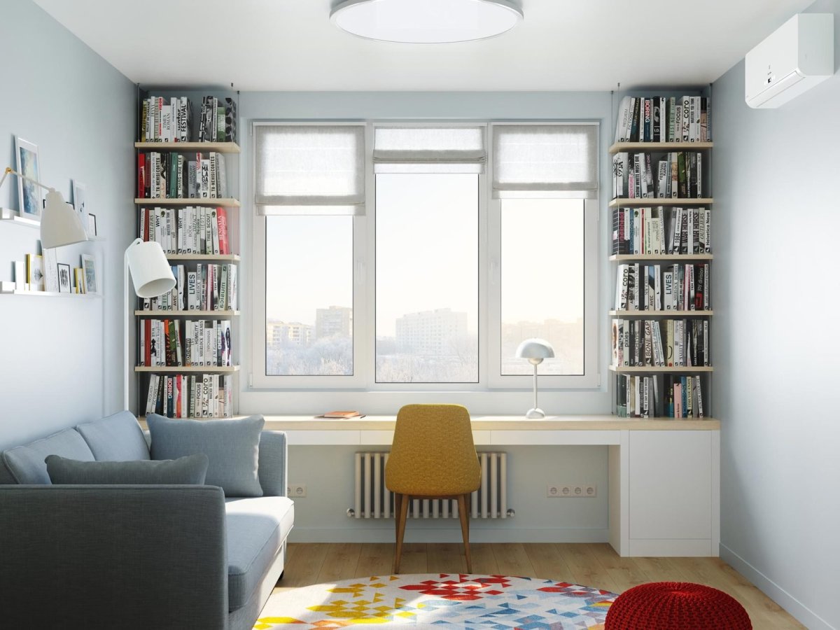 Стол у окна с полками