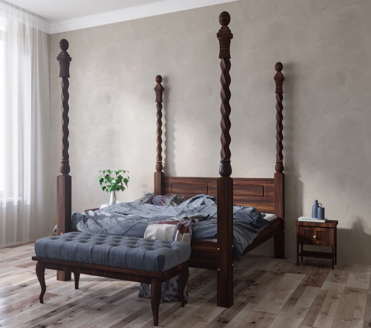Кровать с деревянными колоннами