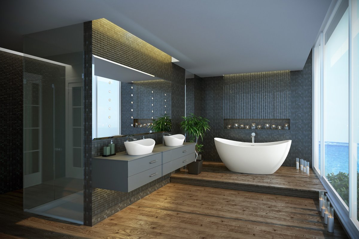 Отдельностоящая ванна на подиуме в интерьере