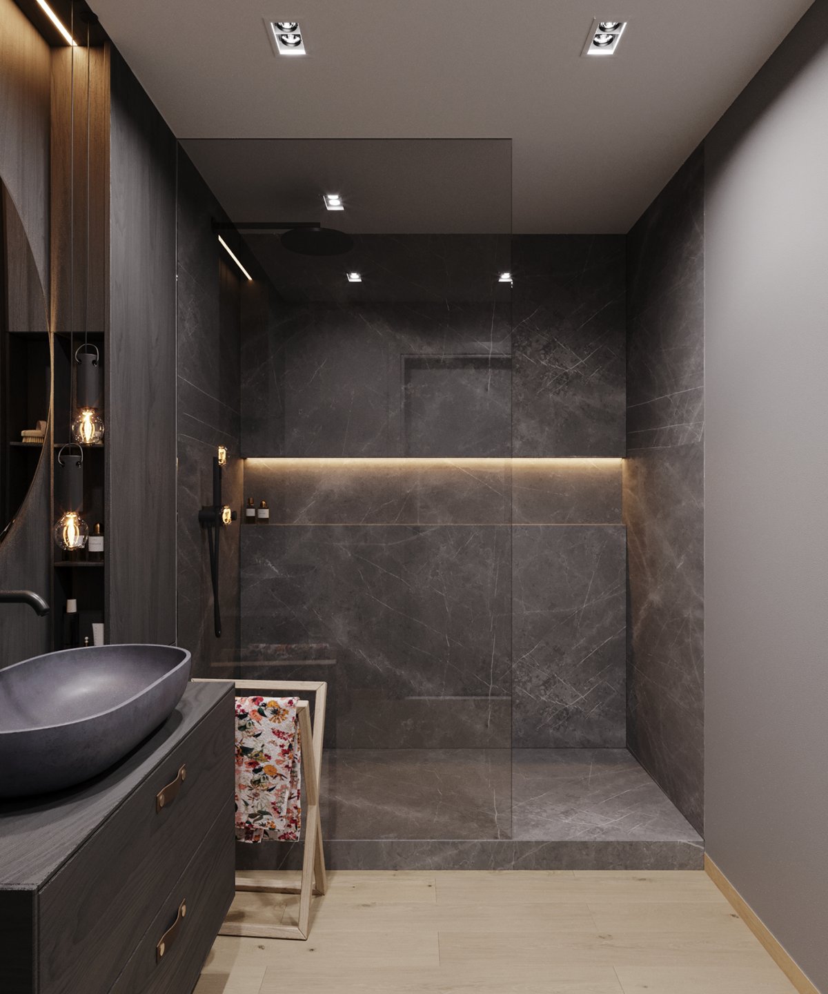 Ванная с черным потолком